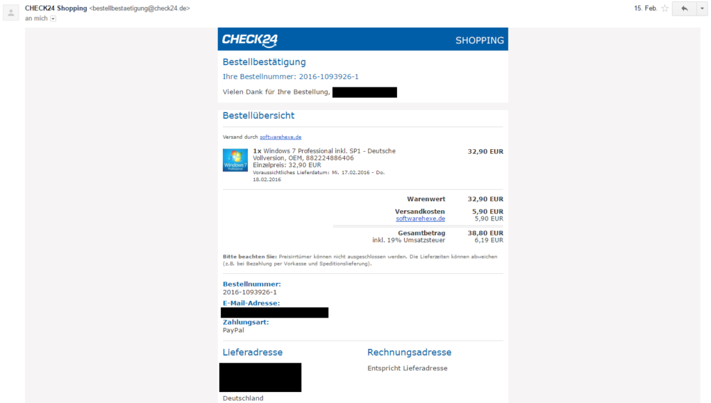 Bild: Bestellbestätigung von CHECK24 / softwarehexe.de