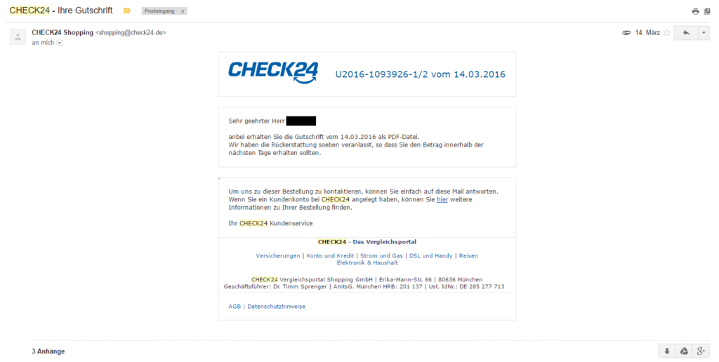 Bild: Immerhin - wir erhalten unkompliziert eine Gutschrift