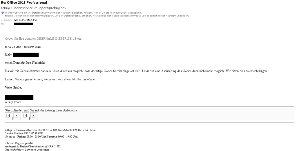 Bild: E-Mail von reBuy – Wie bitte? Keine Besonderheit, dass Gebrauchtsoftware nicht aktivierbar ist?