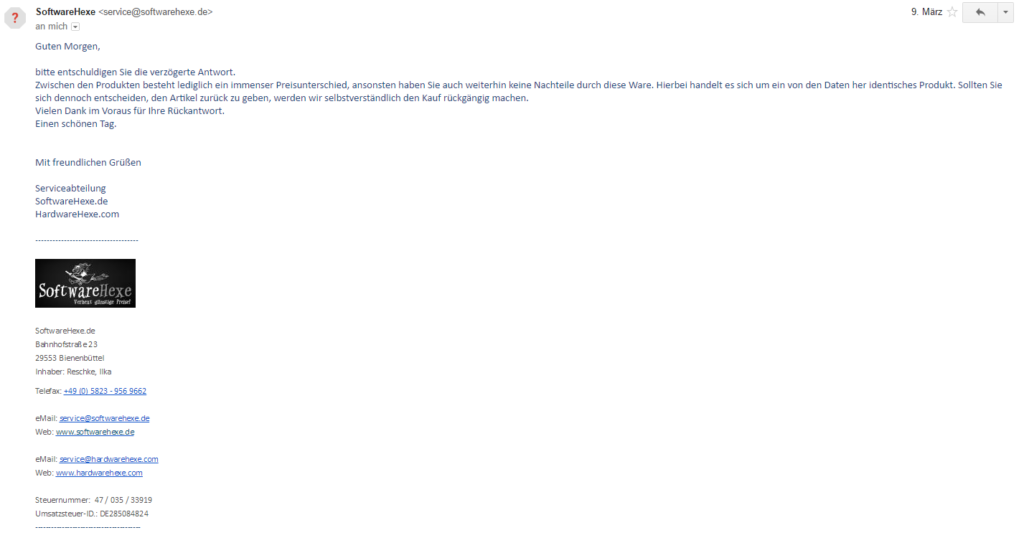 Bild: Das Antwortschreiben von softwarehexe.de
