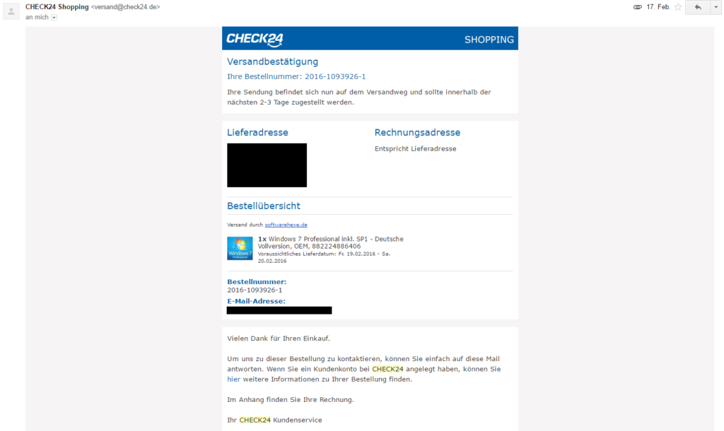 Bild: Versandbestätigung CHECK24 / softwarehexe.de