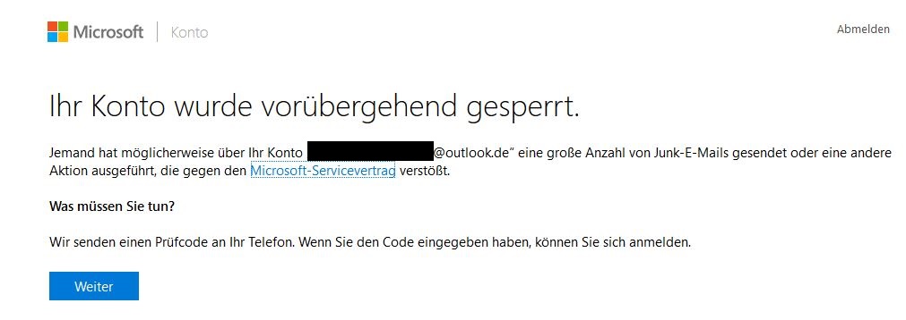 Bild 1: Der Microsoft-Account wurde vorübergehend gesperrt – warum genau, ist nicht erkennbar.