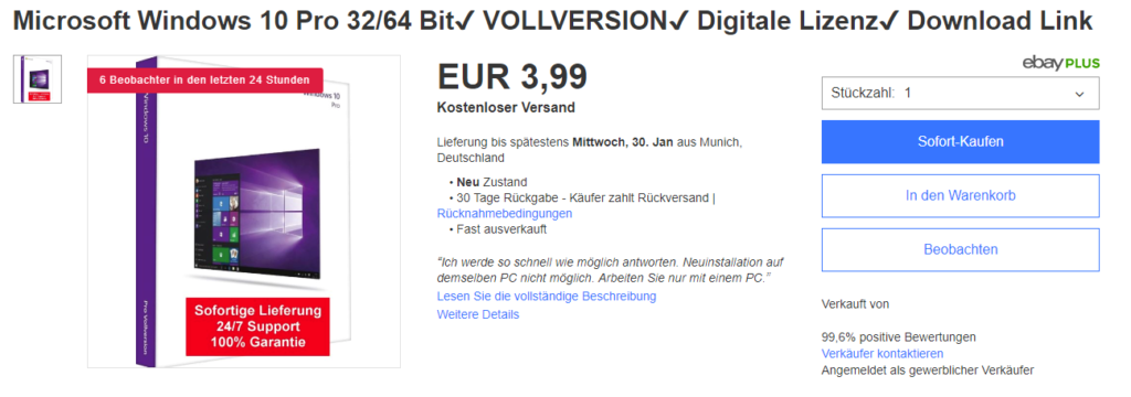 eBay Software Betrug Windows 10 Pro Professional 32/64 Bit Anzeigee Annonce Verkauf Angebot Lizenz Key Produktschlüssel