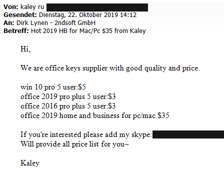 E-Mail Software Angebot Betrug Kaley Microsoft Windows 10 Office 2016 Office 2019 Keys Produktschlüssel