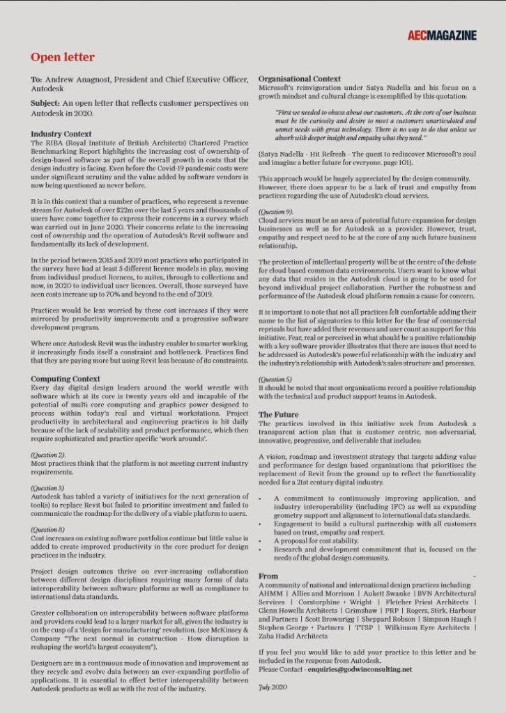 Foto: Offener Brief von diversen internationalen Architekturbüros an Autodeck-CEO. | Quelle: © Engineeringspot.de