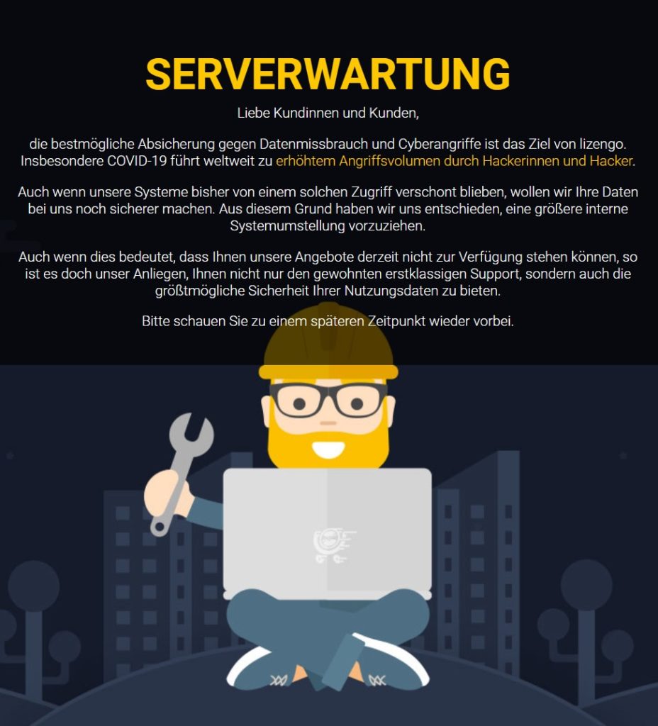 Foto: Seit Ende Oktober 2020 ist die Internetpräsenz von Lizengo nicht mehr erreichbar. Offiziell heißt es hier: Serverwartung. | Quelle: Screenshot
